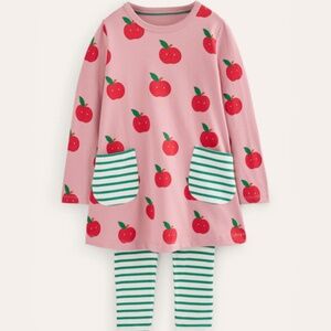 Mini Boden Girl's Apple Tunic Dress with Green Stripe Leggings